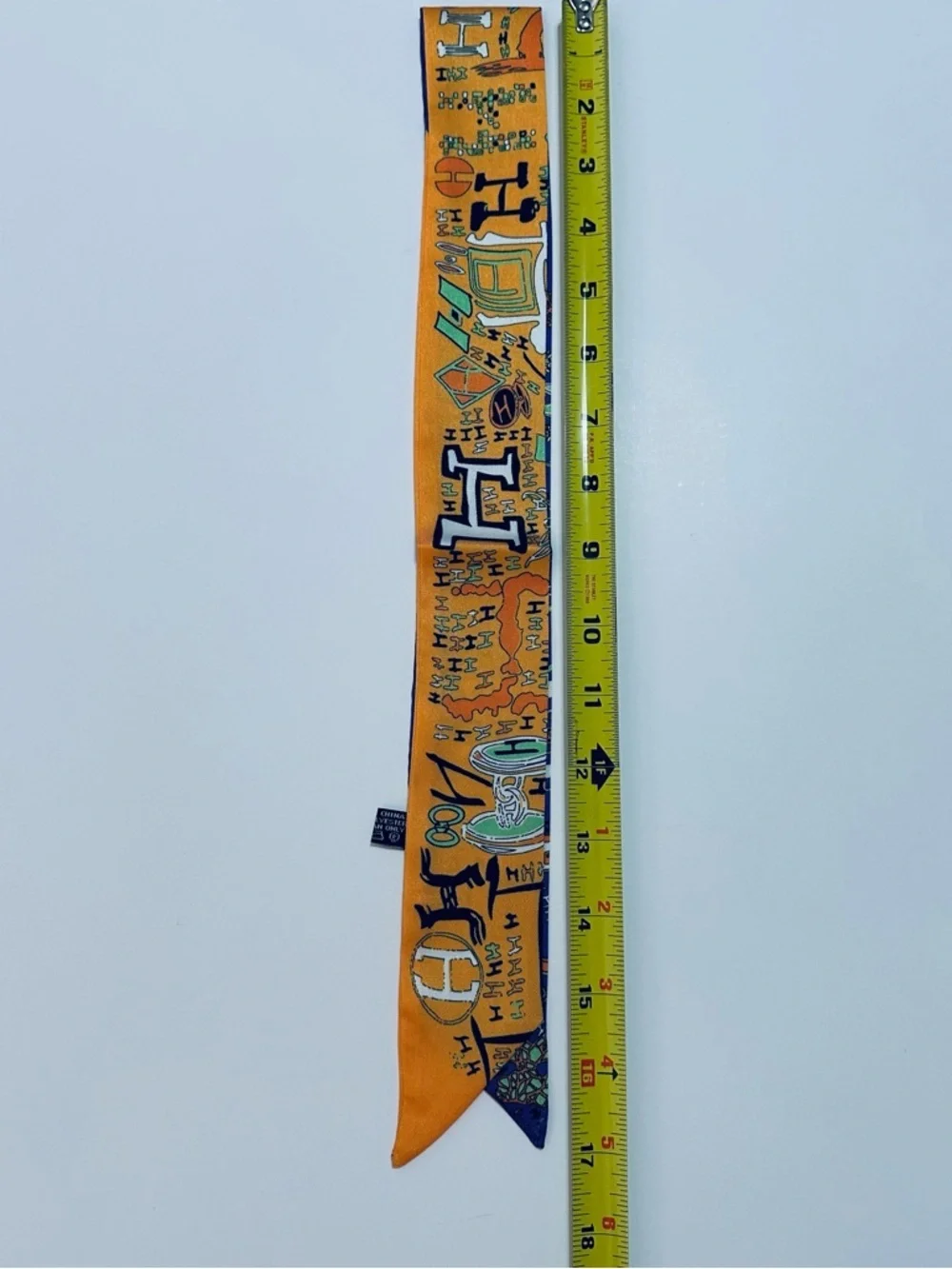 BLUE ORANGE ABSTRACT STORY PRINT SKINNY SCARF BAG HANDLE HAIR RIBBON NECK TIE